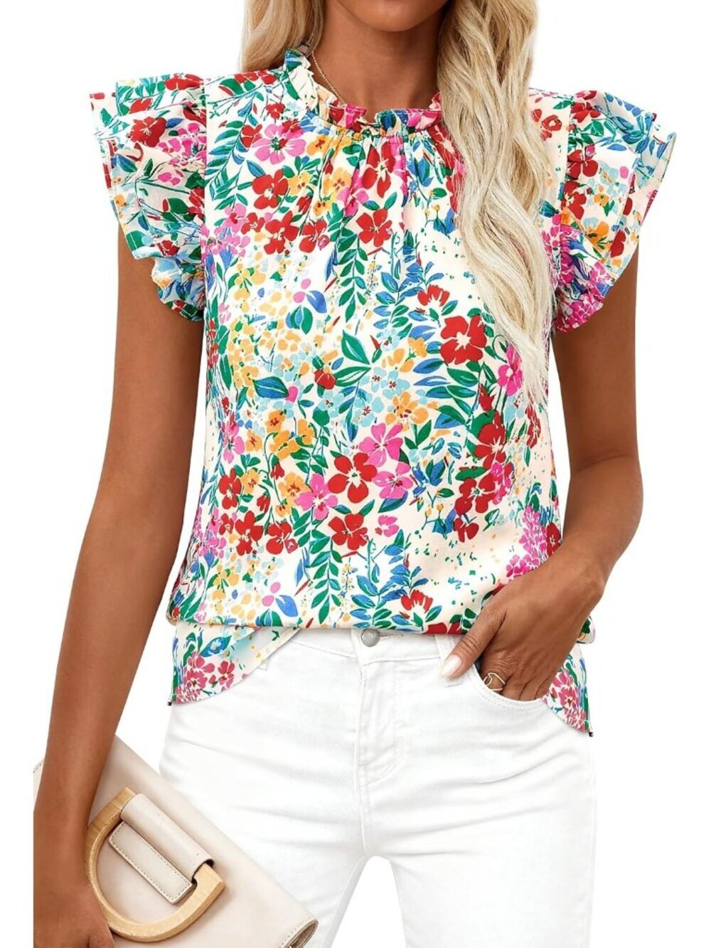 Women's White Multicolored Ruffle Short Sleeve Floral Trim Neck Casual Top Shirt